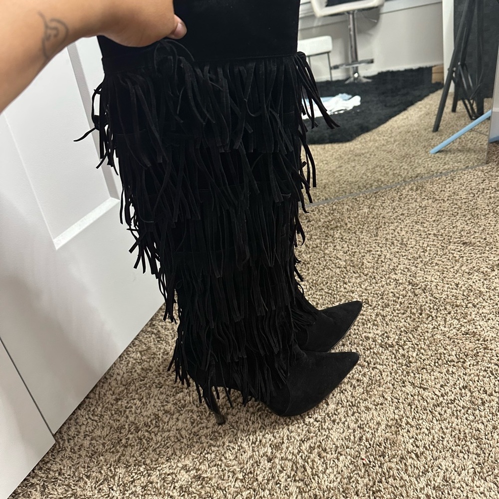 Fringe Black Heeled Boots